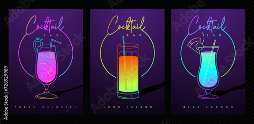 Set of modern fluorescent cocktail party posters with cocktails in different types of glasses. Cocktail menu design. Vector illustration