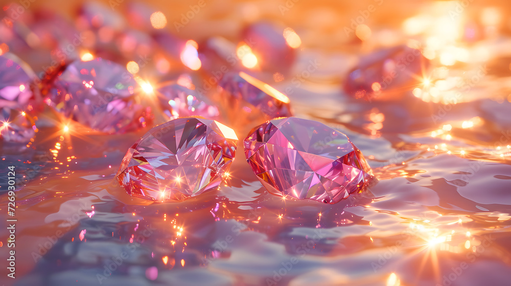 Sparkling pink diamond in water. The diamonds are pink and have a light shining on them. Sparkling pink diamond in water. The diamonds are pink and have a light shining on them.