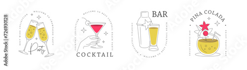 Set of modern line art logo, label or emblem design with different cocktails. Vector illustration