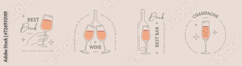 Set of modern line art logo, label or emblem design with wine glass and bottle. Vector illustration