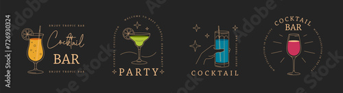 Set of modern line art logo, label or emblem design with different cocktails. Vector illustration photo