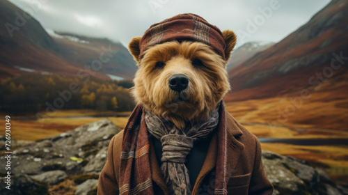 debonair bear in a tweed blazer, accessorized with a tartan scarf and a monocle. Amidst a backdrop of rugged mountains, it exudes outdoorsy elegance and wilderness charm. Mood: rugged and refined. lig