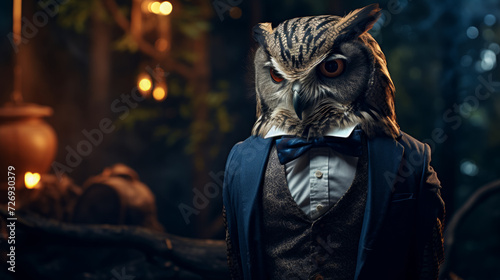 a sophisticated owl in a tailored waistcoat, complete with a pocket watch and a feathered bow tie. Against a backdrop of moonlit forests, it exudes nocturnal elegance and scholarly charm. Mood: wise a