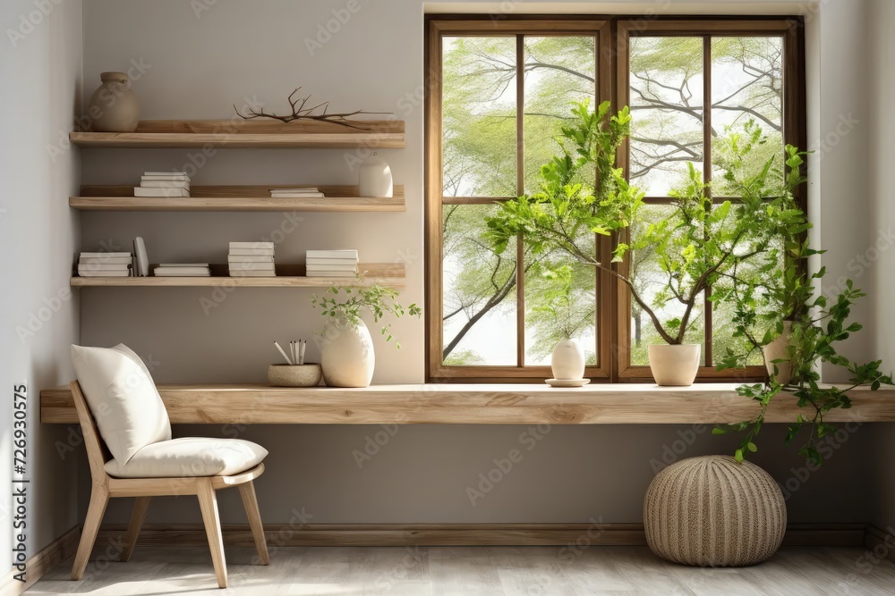 Fototapeta premium Within a home office boasting a rustic wood interior, a wooden desk and shelves harmonize with the natural ambiance, while green plants add a touch of freshness to the workspace.