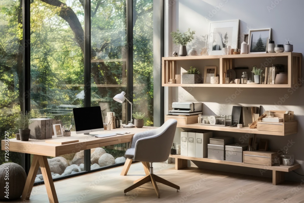 A home office features a wooden desk positioned facing a floor-to-ceiling window, offering a tranquil summer green forest view for a refreshing and nature-infused workspace.