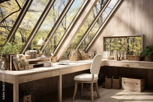 A home office with an all-wood interior boasts a spacious ambiance enhanced by a large skylight  complemented by a substantial wooden desk for a warm and well-lit workspace.