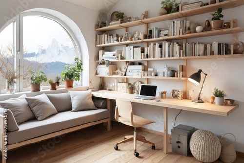 In a cozy home office, a wooden desk and bookshelves adorn the white wall while a couch sits under an arched window, offering a scenic mountain view for a delightful workspace.