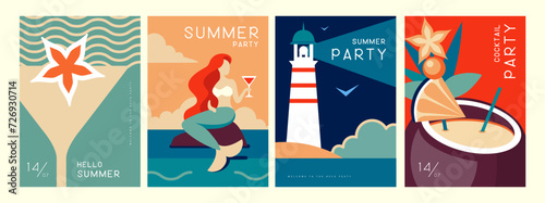 Set of retro summer posters with summer attributes. Cocktail silhouette, pina colada, mermaid, lighthouse and sea. Vector illustration