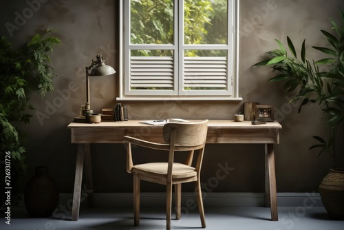 Within a rustic interior home office, a small white window complements a wooden desk adorned with green plants, infusing the space with a cozy and natural ambiance.