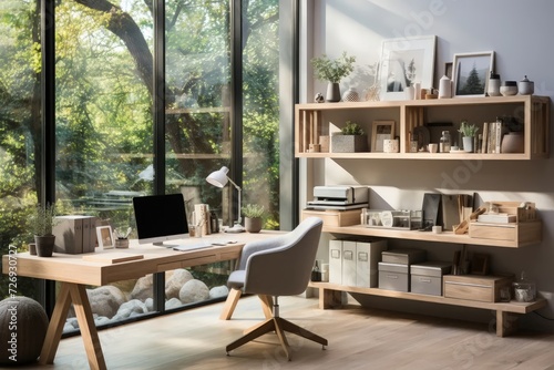 A home office features a wooden desk positioned facing a floor-to-ceiling window  offering a tranquil summer green forest view for a refreshing and nature-infused workspace.