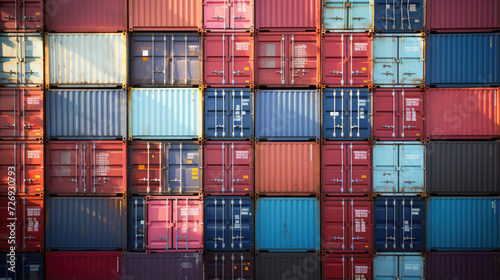 The intricate patterns of containers neatly stacked on a cargo ships deck