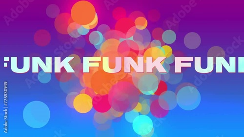 Animation of funk text over glowing lights over blue to purple background photo