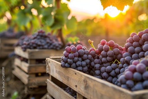 Sunset Glow Over Fresh Harvested Grapes in Wooden Crates