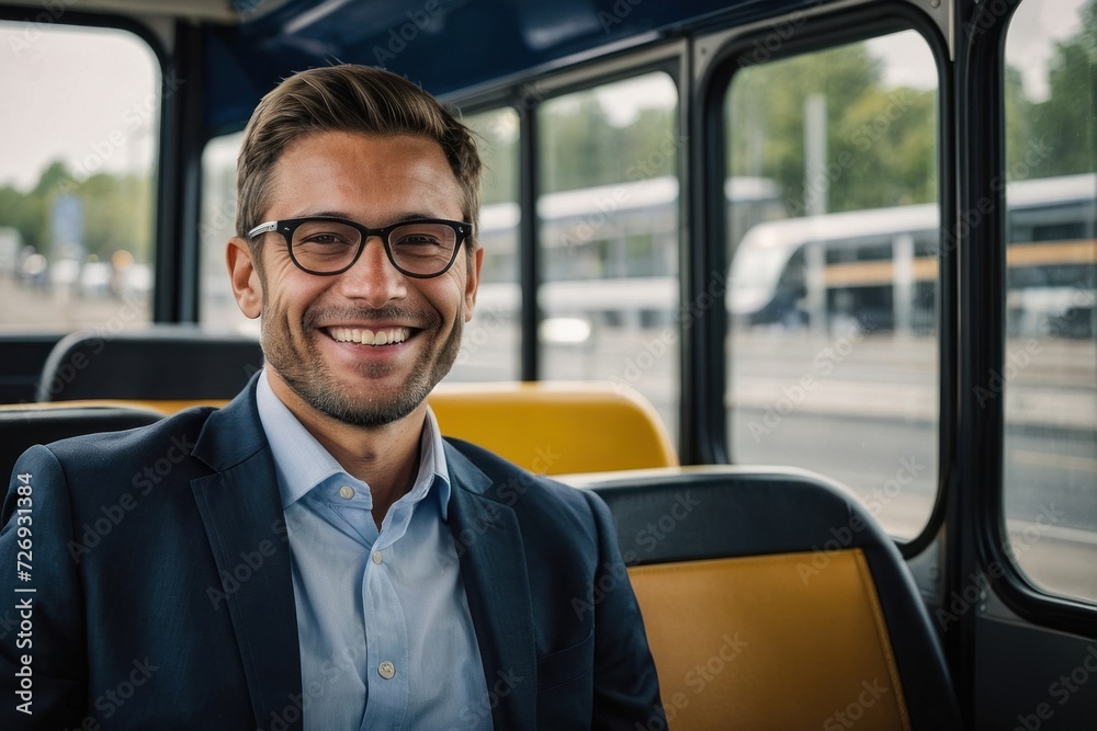 A smiling businessman sitting in a bus, enjoying their journey together A smiling businessman sitting in a bus, enjoying their journey together