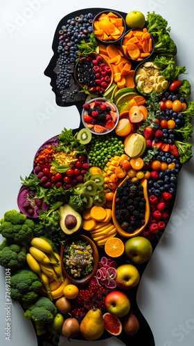 inside the silhouette of an of an athletic man there are colorful fruit salads and smoothie bowls, vegetables and lean protein, broccoli, and quinoa
