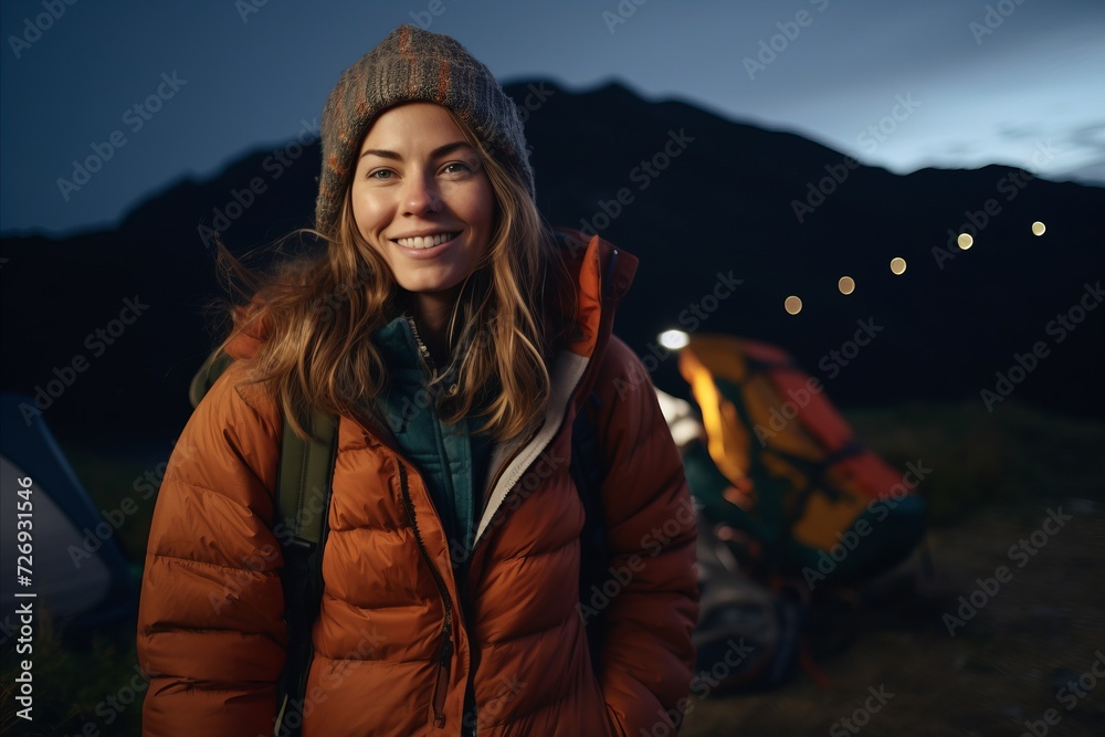 Beautiful young woman hiker in the mountains at night with her backpack and tent Beautiful young woman hiker in the mountains at night with her backpack and tent