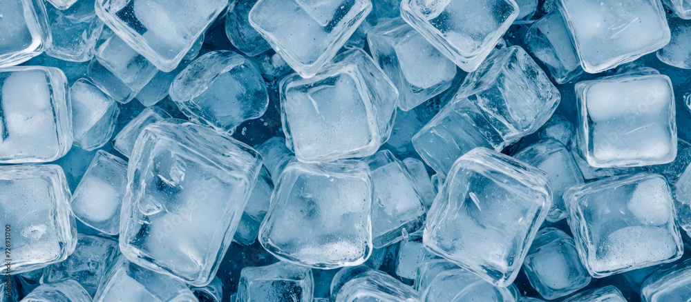 Closeup view of crystal clear ice cubes, perfect for refreshing beverage advertisement or as cool background. Showcasing intricate details and textures, wide banner cold and refreshment