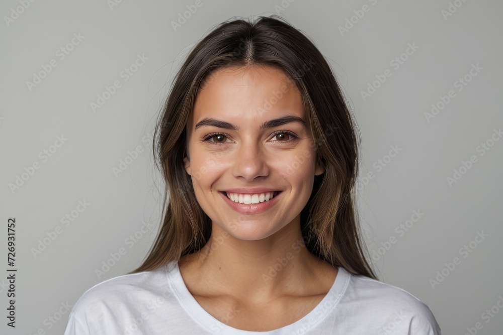 Smiling brunette woman exuding happiness and confidence, embodying beauty and success in business and fashion Smiling brunette woman exuding happiness and confidence, embodying beauty and success in business and fashion