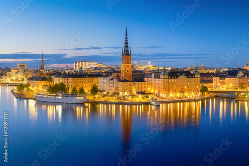 Stockholm, Sweden. Panoramic view of the City centre. The capital of Sweden. Cityscape during the blue hour. View of the old town in Stockholm. Photo for background and wallpaper.