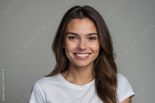 Smiling brunette woman exuding happiness and confidence, embodying beauty and success in business and fashion