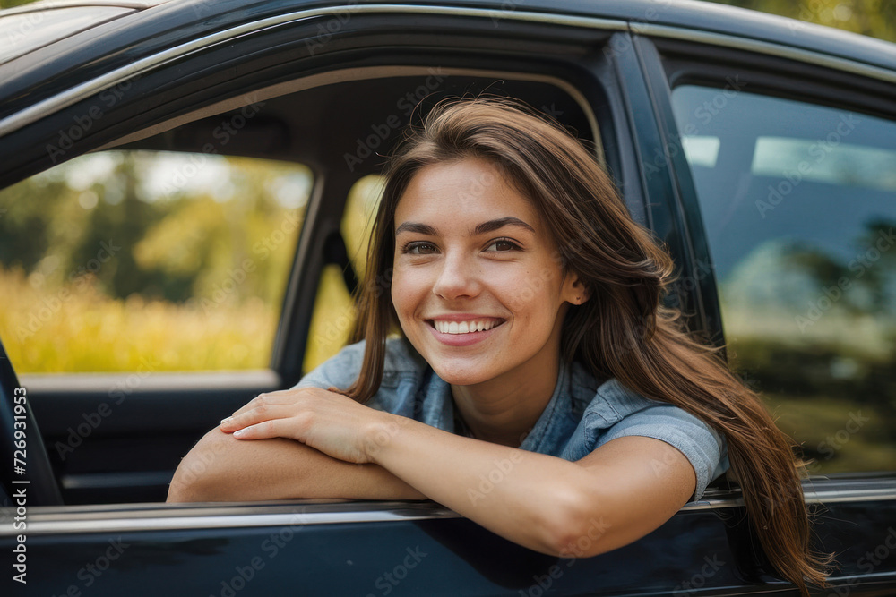 Smiling lady driving a new car on the road, with her hand on the wheel and enjoying the outdoor journey Smiling lady driving a new car on the road, with her hand on the wheel and enjoying the outdoor journey