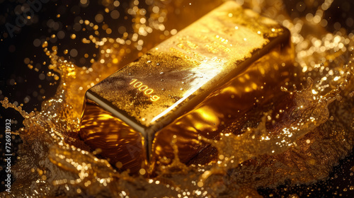 Gold bar in golden splash on dark background. Financial and investment concept