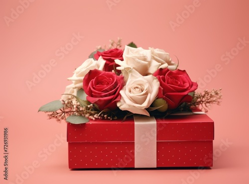 Bouquet roses and gift box on a red background