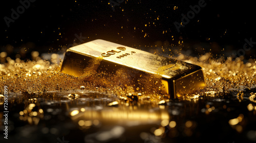 Gold bar in golden splash on dark background. Financial and investment concept
