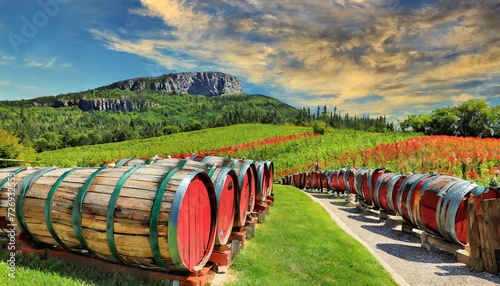 wine barrels in vineyard, Whiskey, bourbon, scotch barrels in an aging facility