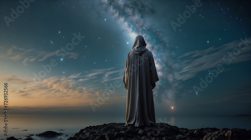 A robed figure stands on a rocky outcropping, looking out at the night sky filled with stars and the Milky Way. photo
