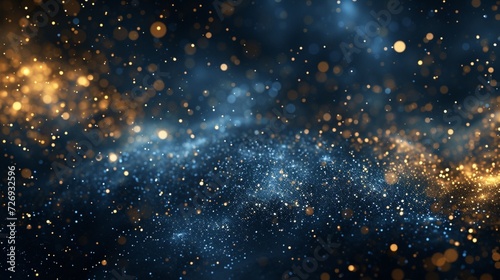 a distinctive background featuring dark blue and gold particles