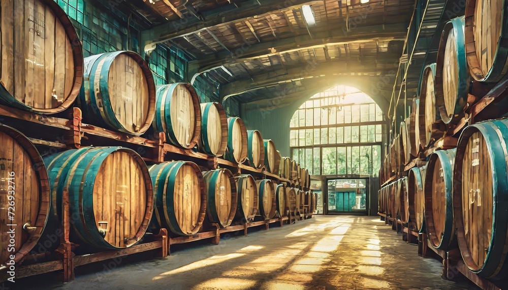 barrels of wine, Whiskey, bourbon, scotch barrels in an aging facility