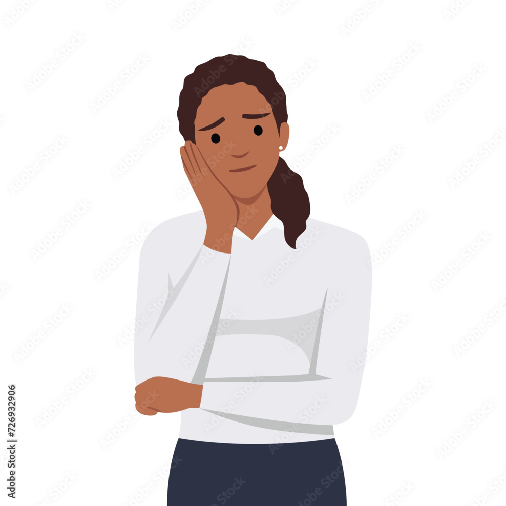 Young smiling curious person peeking from behind wall and looking outside. Hand on cheek bored. Flat vector illustration isolated on white background Young smiling curious person peeking from behind wall and looking outside. Hand on cheek bored. Flat vector illustration isolated on white background