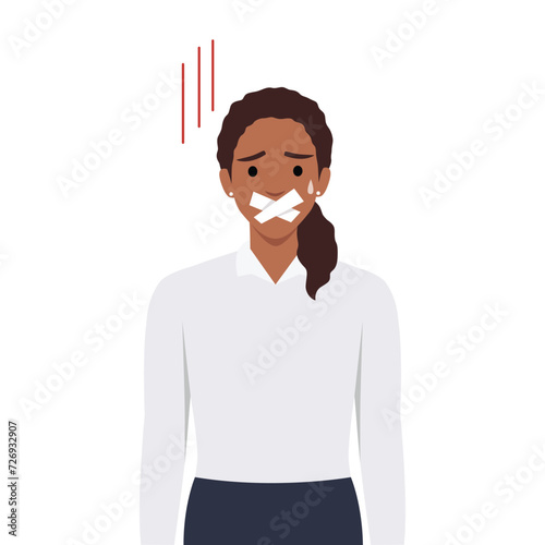 Portrait of attractive brunette young woman silenced with mouth covered with grey tape. Flat vector illustration isolated on white background