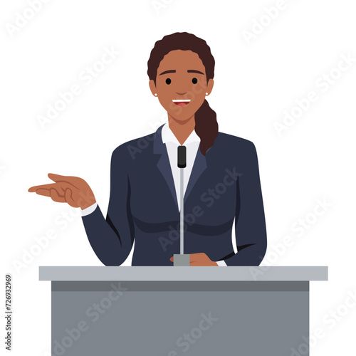 Young politician woman standing behind rostrum and giving a speech, public speaker character. Flat vector illustration isolated on white background