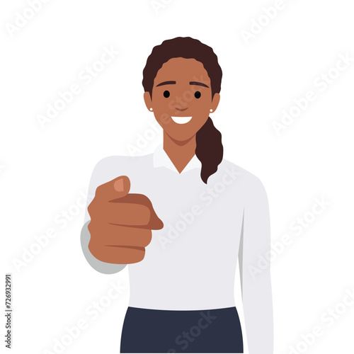 Young woman point finger at you gesture. Flat vector illustration isolated on white background