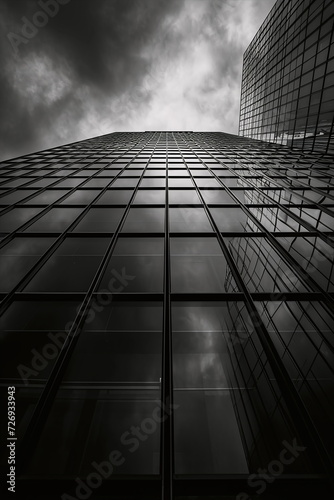 Black and white photography of a glass front of a modern office building