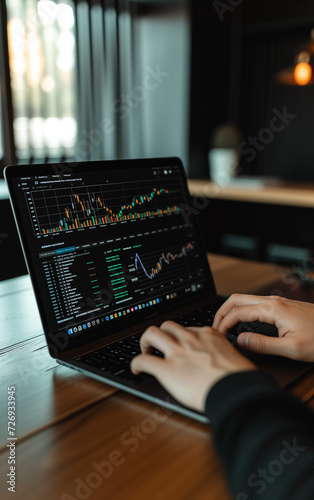 A person use  laptop with stock charts displayed