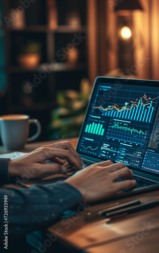 A person use  laptop with stock charts displayed