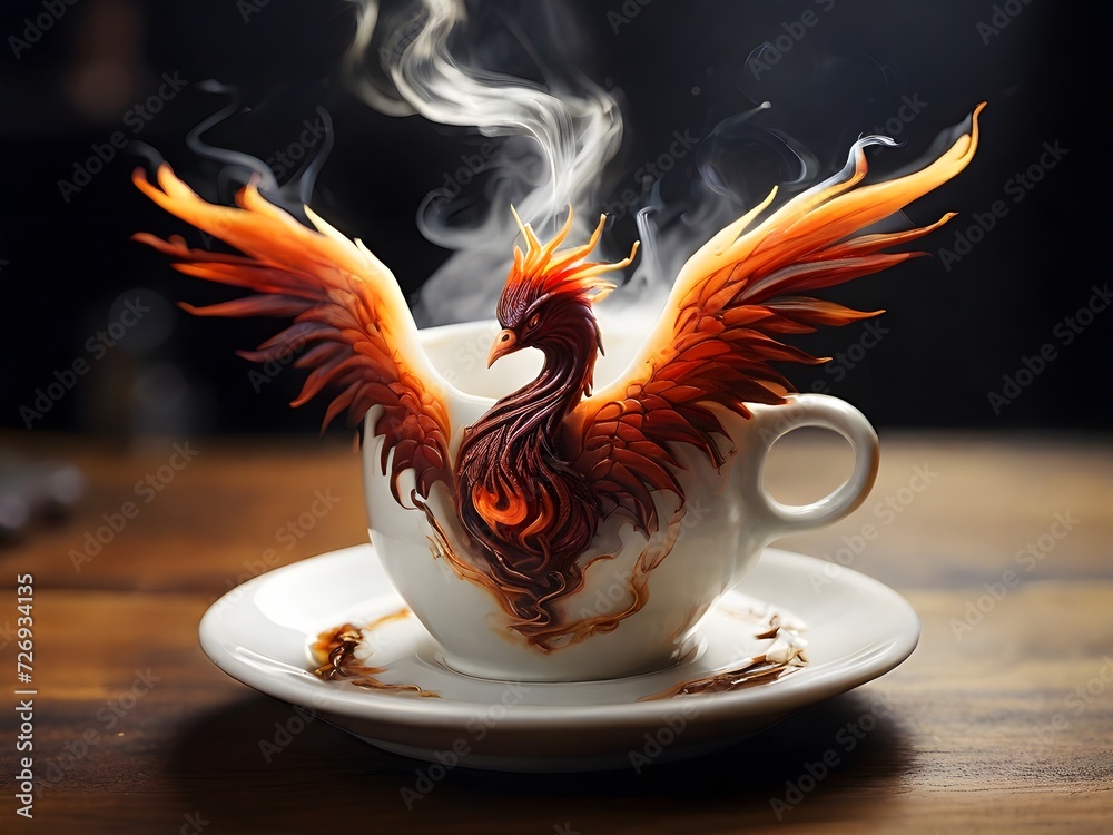 Cup of coffee phoenix, tattoos, designs, hearts, shadows, animals, wings, login, art, phoenix bird, decoration, love, fire, red color, icons, flying, drawing, patterns, black color, components - obrazy, fototapety, plakaty 