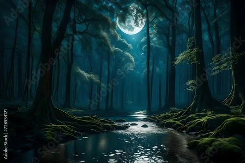 A mystical moonlit forest vista, with ancient trees casting elongated shadows, a river shimmering under the moon's gentle glow, and fireflies dancing in the air.