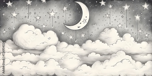 Heavenly Drawing of Night Sky With Stars and Crescent Moon