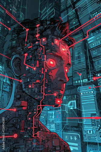 Illustration of a young man as cyborg who is connected to different data streams