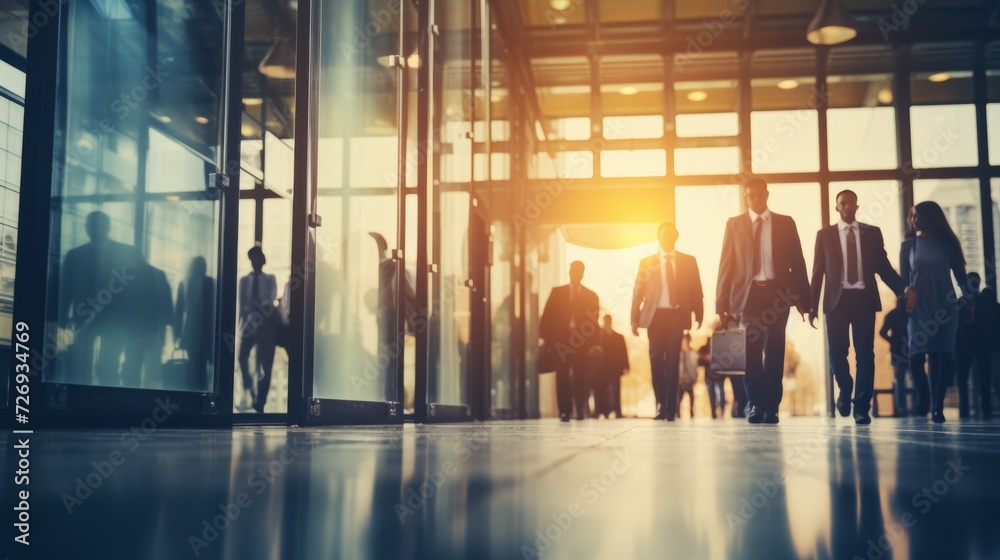 Blurred modern entrance with a crowd of business people walking in a bustling corporate environment Blurred modern entrance with a crowd of business people walking in a bustling corporate environment