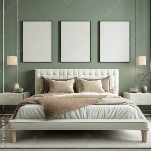 Modern bedroom interiors with tufted bed and 3 frame mock ups, Ai generated.