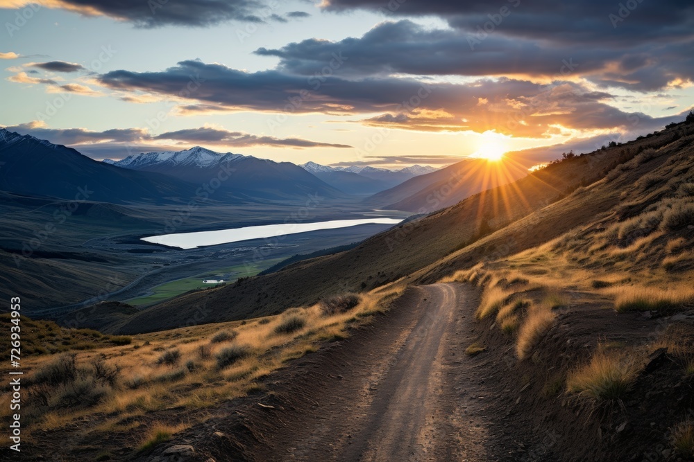 Tranquil empty paved road meandering through scenic mountainous landscapes at captivating sunset
