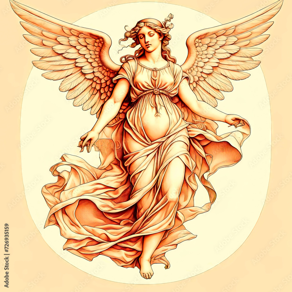 Sketch with a vintage angel in the style of vintage drawings and