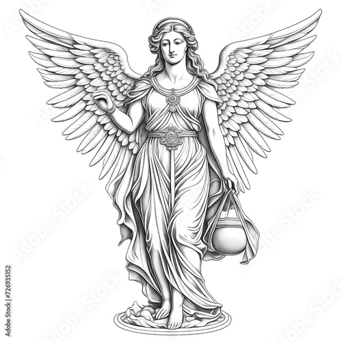 Sketch with a vintage angel carrying presents in the style of old drawings and engravings, isolated on white and with copy space for text. The design is made in minimalist black and white tones. © Svetlana