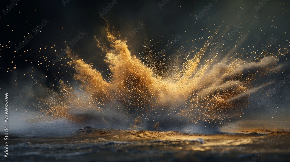 Generate a depiction of a sand explosion, featuring lively bursts of gold against an enchanting dark backdrop--a stunning artwork created by generative A