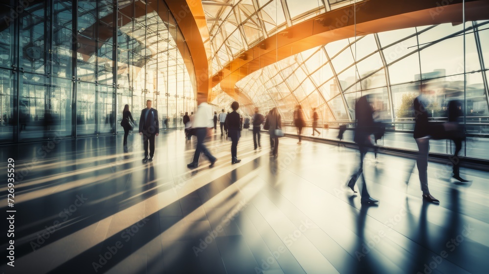 Dynamic motion of blurred business professionals walking and engaging in a stylish modern entrance